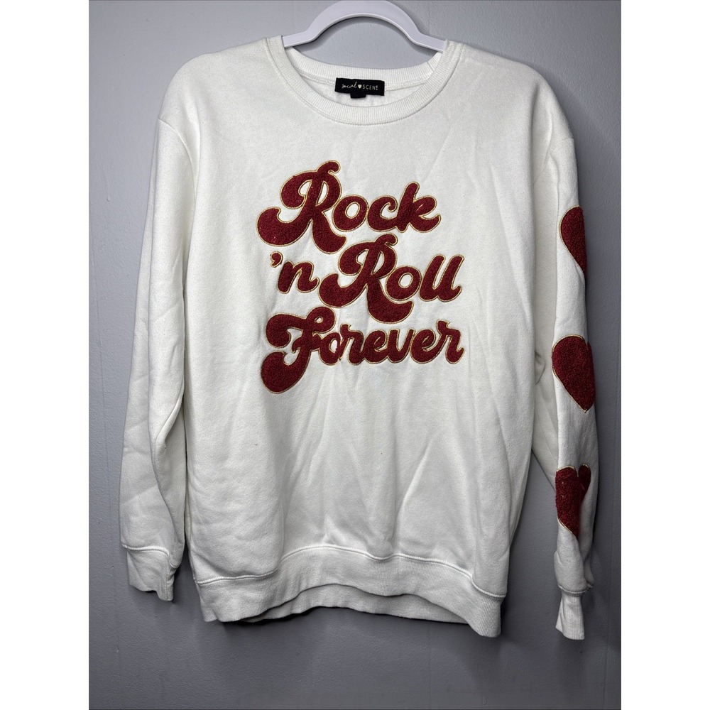 SOCIAL SCENE ROCK‎ N ROLL FOREVER HEART WOMENS MED WHITE SWEATSHIRT